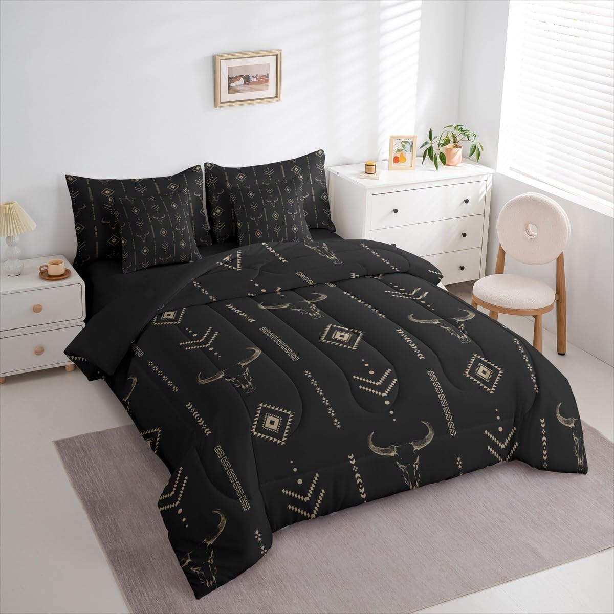 Erosebridal 7 Pieces Bobo Aztec Comforter Set Queen,Black Brown Western Bedding Sets for Women Kids Rustic Bohemian Tribal Ethnic Horns Bed in A Bag Southwest Cow Bull Skull Sheet Set with Comforter