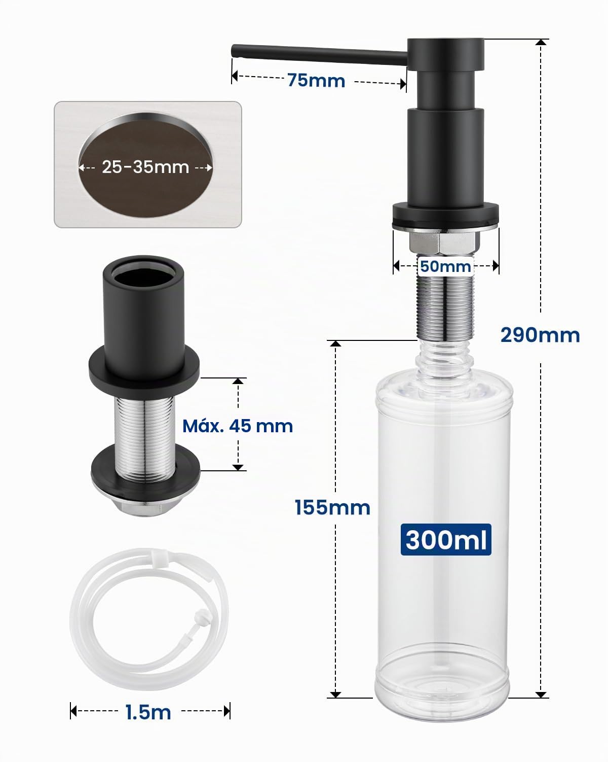 Dispensador Jabon Cocina Bajo Encimera, Dosificador Jabon Cocina Duradero con Tuercas de Acero INOX 304(sin Plástico), Botella de 300 ml y Tubo Silicona de Extensión de 1,25 m, Negro