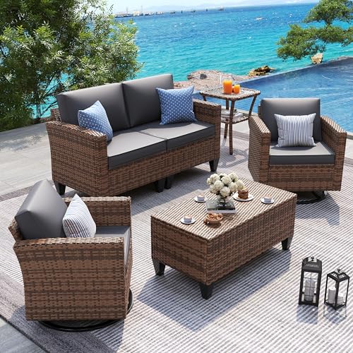 Image of UDPATIO Patio Furniture Set, 5 Pieces Outdoor Furniture Sets with Rocking Swivel Chairs, Wicker Rattan Outdoor Conversation Set with Storage Table and Waterproof Covers for Backyard, Deck, Porch, Grey