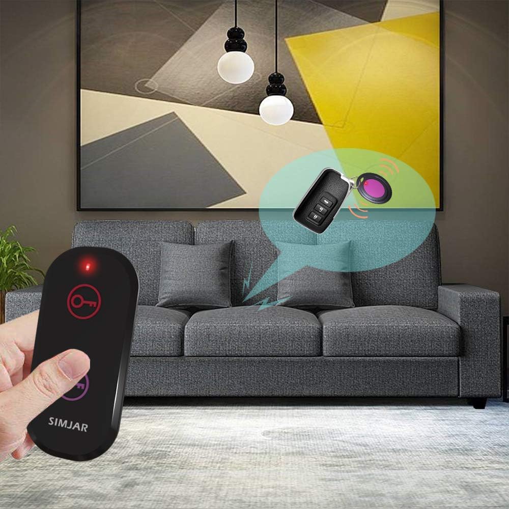 A hand pressing the remote control button, with a visual representation of the signal reaching a key with a receiver attached