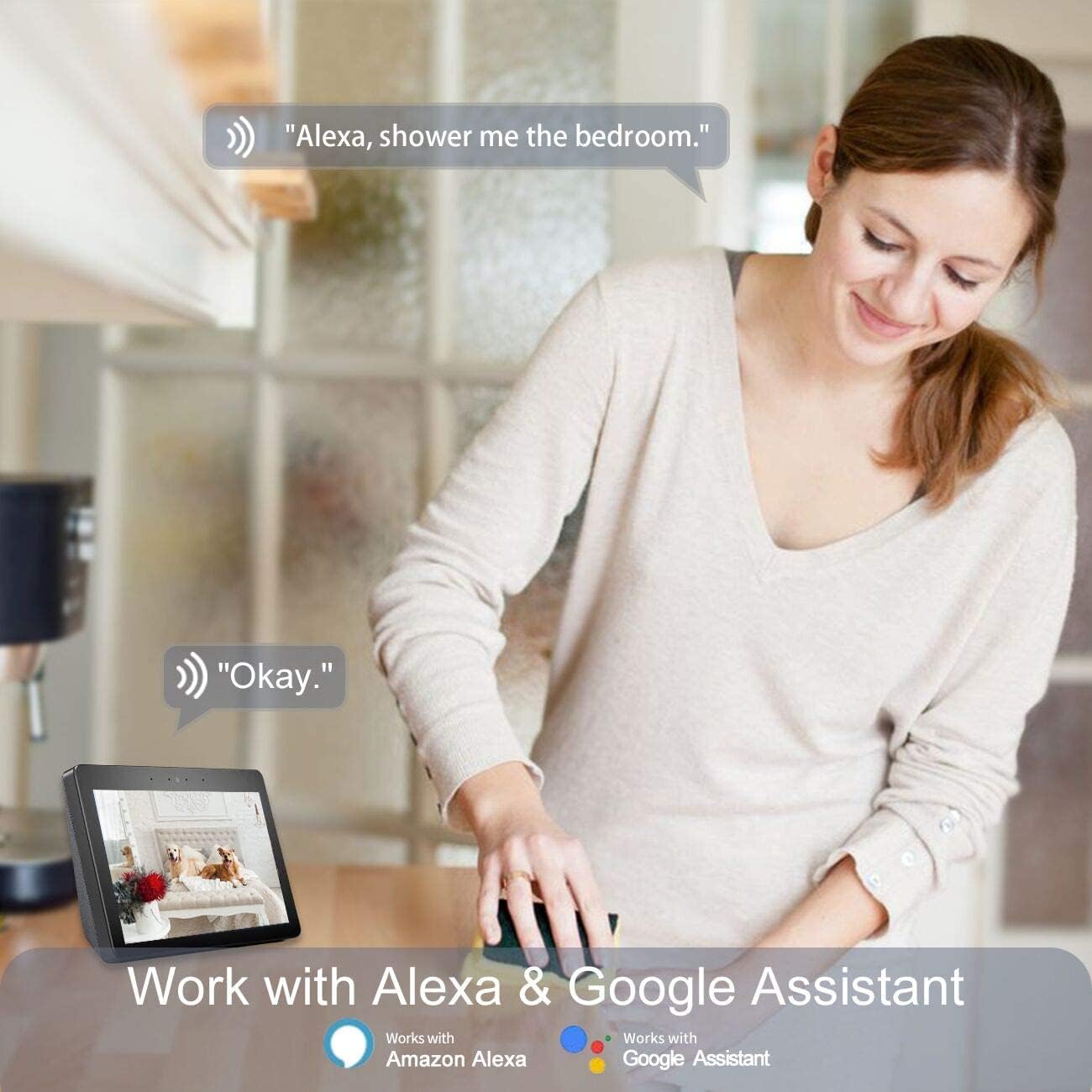 Woman in kitchen asking Alexa to show her the bedroom, with an Echo Show displaying a camera feed.