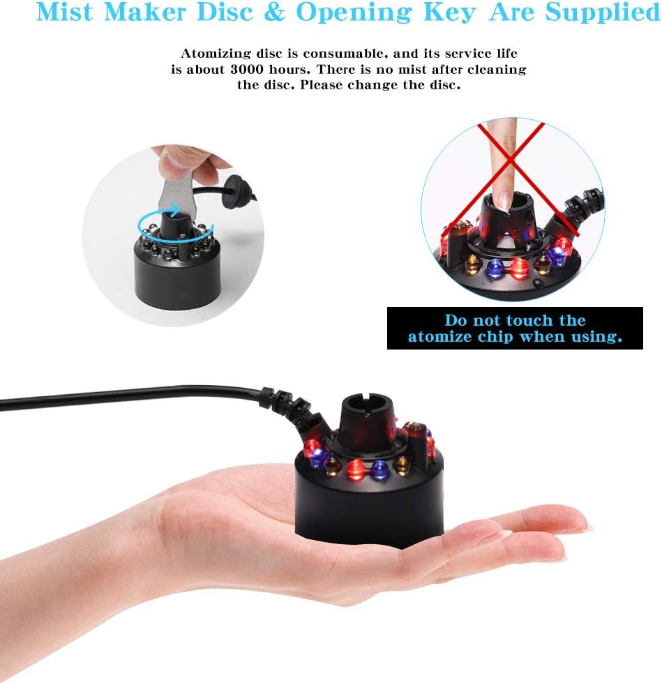 SUMBLIME Mist Maker Fogger with LED Lights, Mini Plastic Fog Machine Atomizer with Mist Maker Disc for Water Fountain Pond Halloween Cauldron Rockery Tank Vase Birdbath : Home & Kitchen