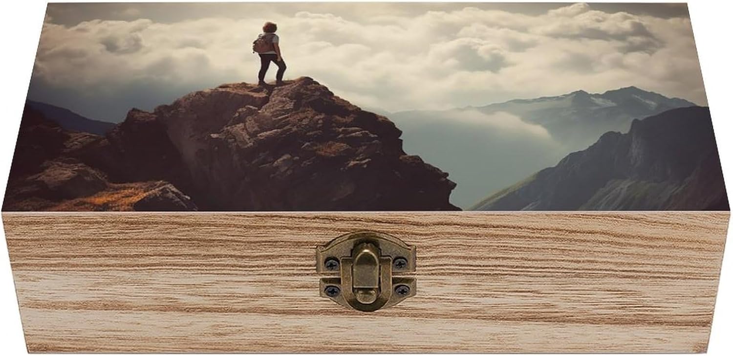 Woman on A Top Mountain Memory Jewelry Wooden Box, Large Wooden Treasure Chest Boxes with Hinged Lid, Photos Storage Case for Women Men, Wooden Keepsake Box, 7.9'' X 3.9'' X2.3''