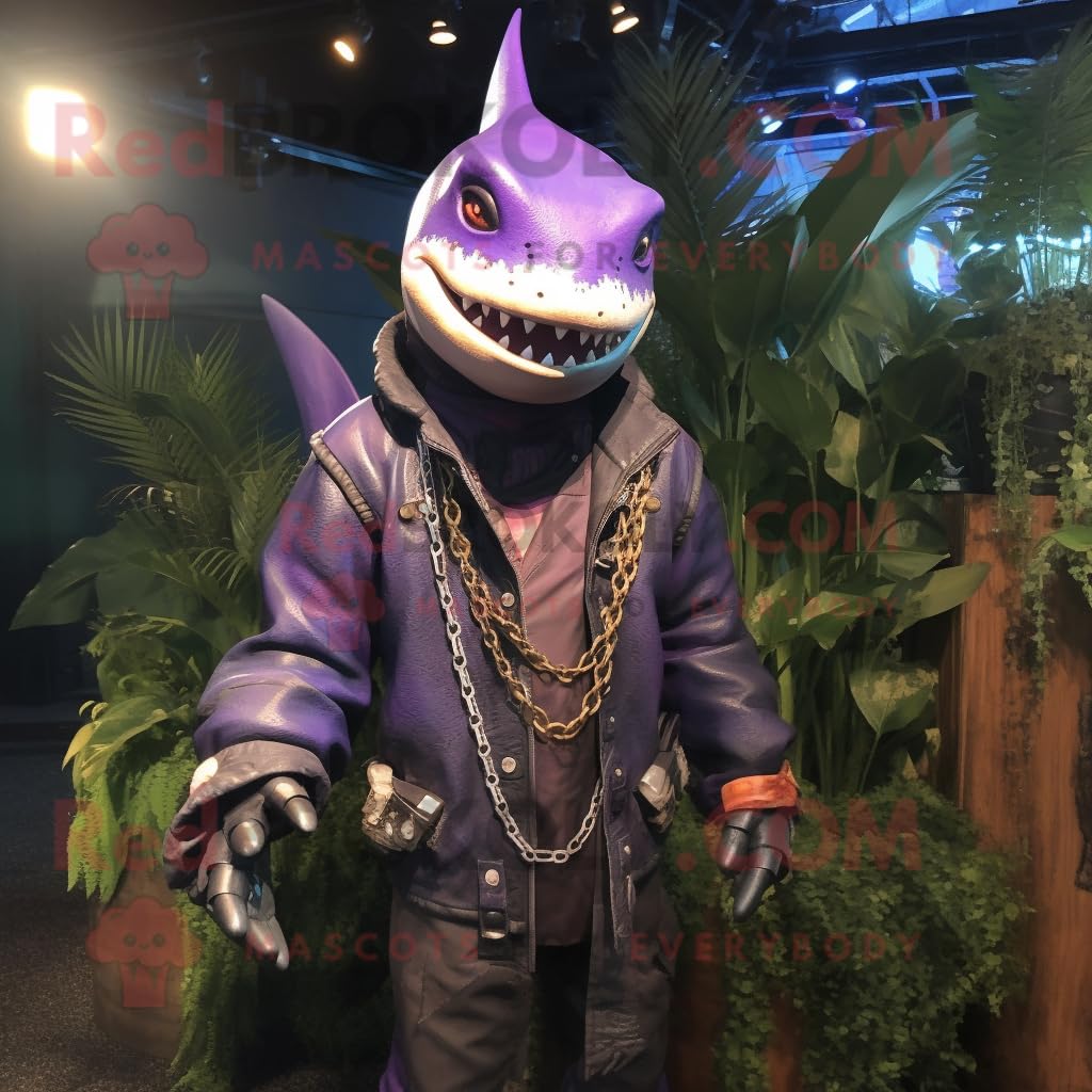 Violettes Schwertfisch-Maskottchen-Kostüm, gekleidet mit Lederjacke und Halsketten