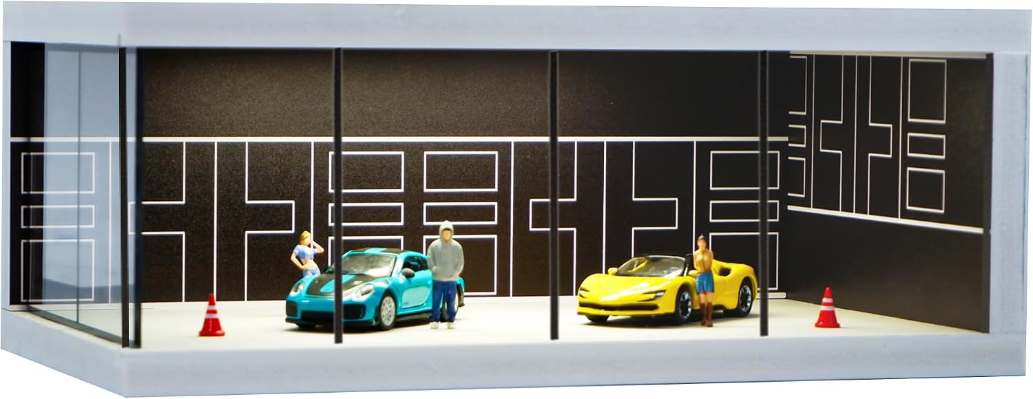 1/64 Diecast Car Model Display Case with Clear Acrylic Dustproof,Garage Showroom Scene with Lighting,Stackable PVC Storage Box for Hot Wheels Collectibles Diorama Parking Organizer (Brown)
