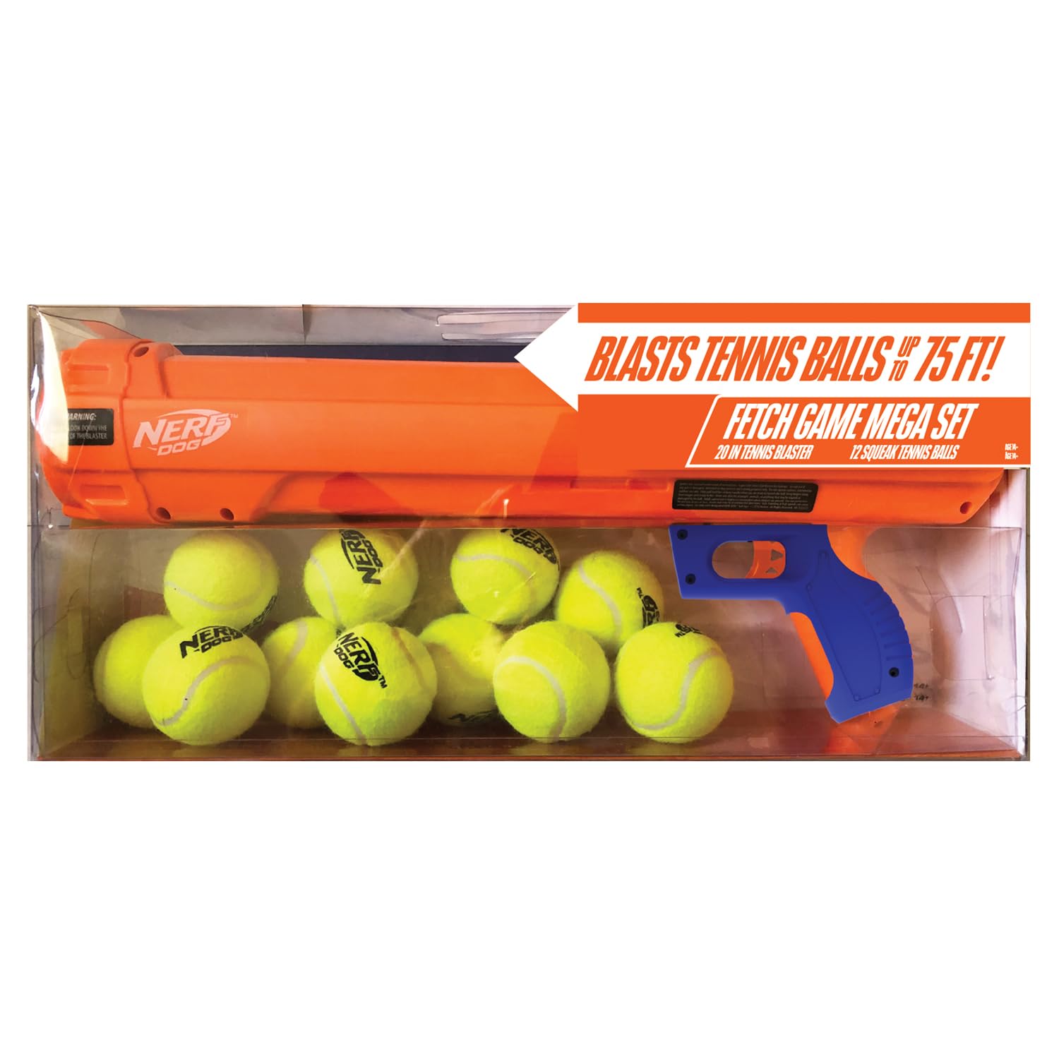 Nerf Dog Tennis Ball Blaster Dog Toy Gift Set, Launches up to 75 ft, for All Breeds Includes Orange Ball Launcher and 12 Dog Tennis Balls