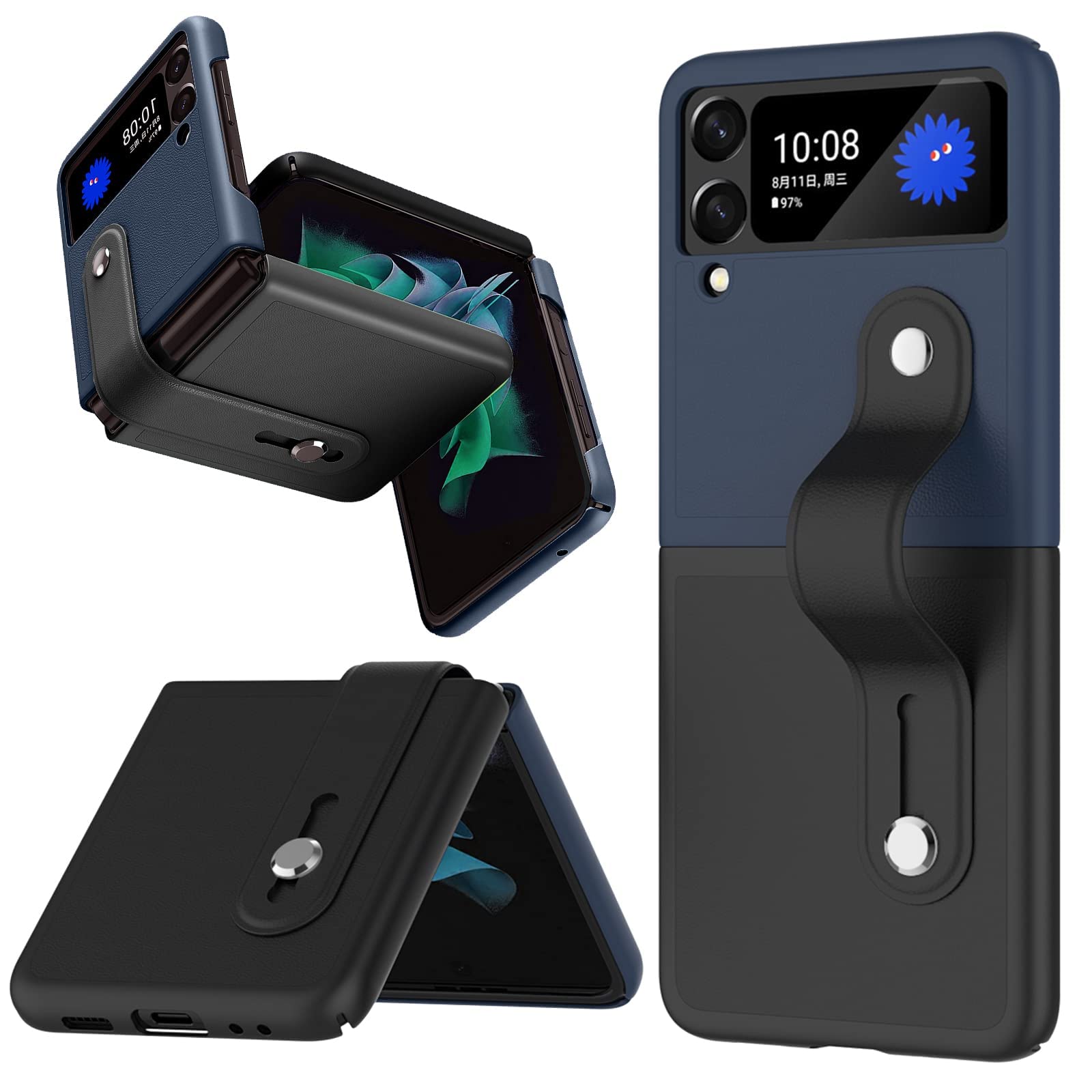 NP Compatible Samsung Galaxy Z Flip 3 Case with Strap, Hard PC Leather Pattern Back Cover Free Extension Wristband Kickstand Bumper Protective Case for Galaxy Z Flip 3 (Black + Dark Blue)
