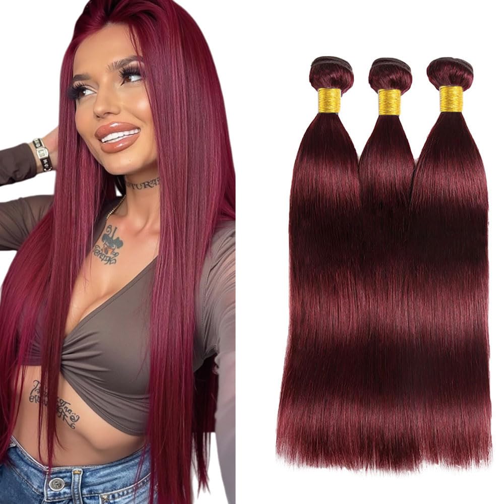 Photo 1 of Seeuiegam Burgundy Straight Human Hair 3 Bundles 22 24 26 Inch Unprocessed Brazilian Virgin 99J Bundles Human Hair