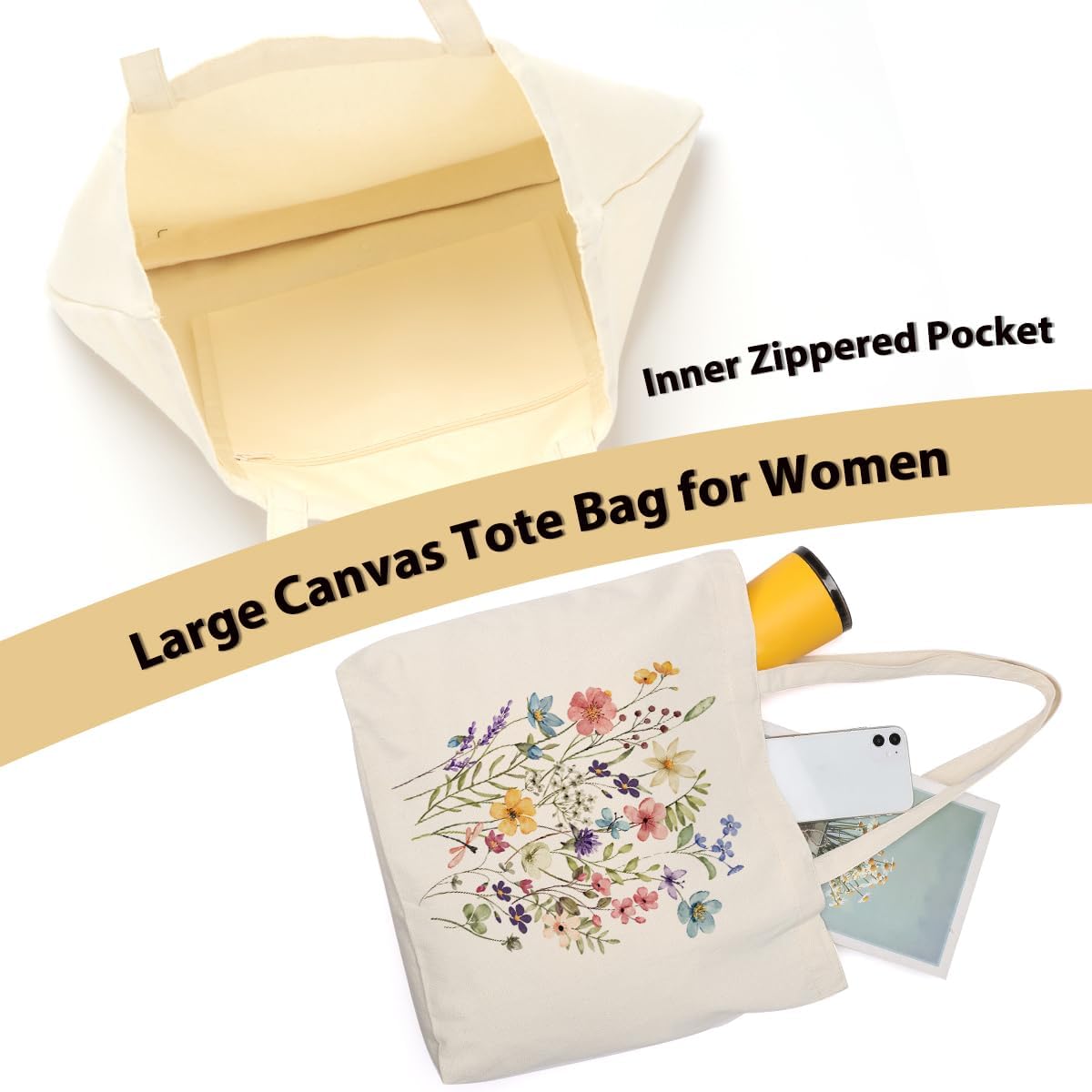 Aesthetic Floral Canvas Tote Bag for Women with Pocket, Tote Bags for Grocery Shopping Travel Christmas Birthday - Image 5