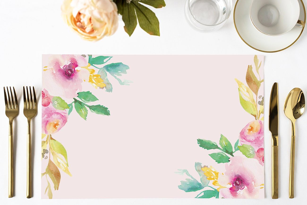 DB Party Studio Paper Placemats Floral 25 Pack Pink Watercolor Disposable Place Mats for Parties Bridal Baby Shower Birthday Event Party Decor Kitchen Table Setting Decoration 17" x 11" Placemat Set