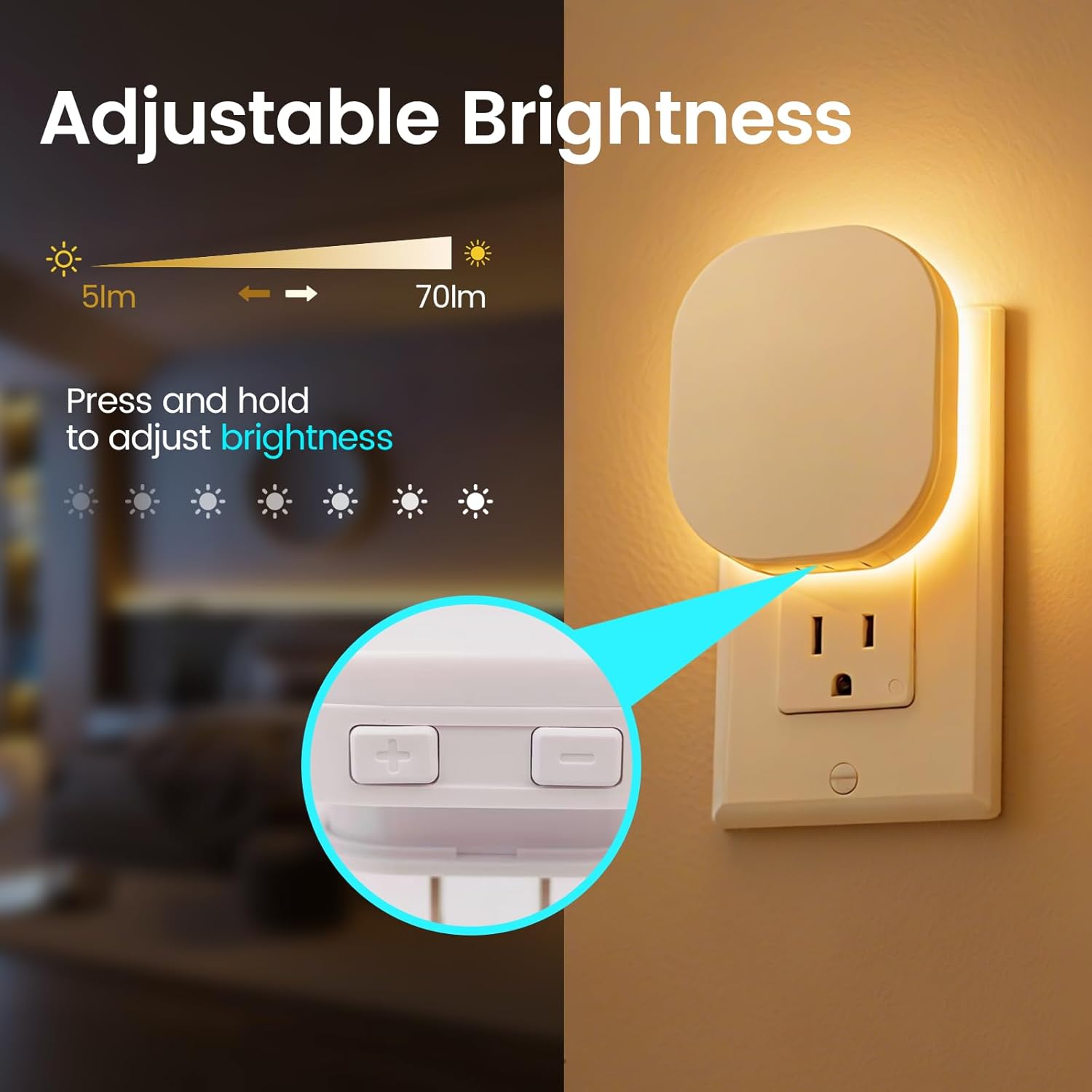 Plug-in Motion Sensor Night Light, Dimmable Eye-Caring Warm White Nightlight for Baby & Kids' Bathroom, Nursery, Bedroom, Hallway (2 Pack)
