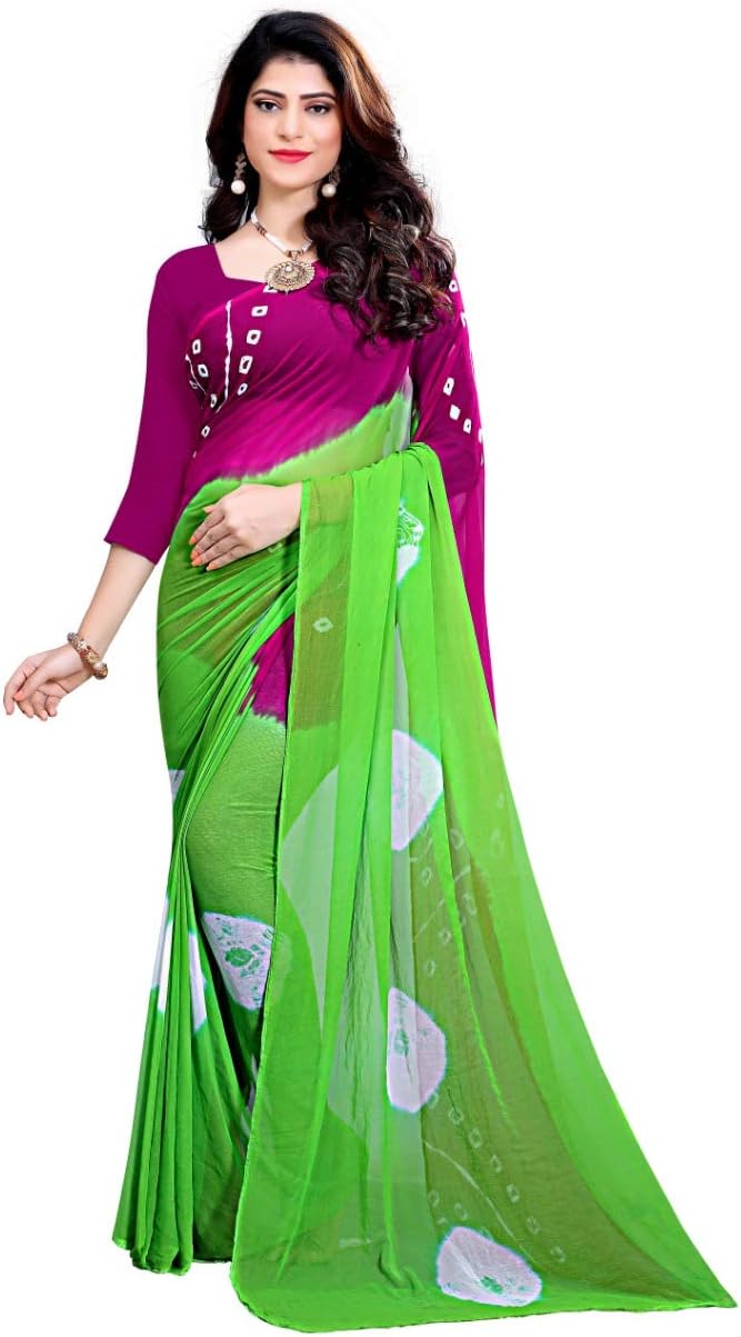 Women's Chiffon Saree With Blouse (Amyaa Green1_Green)