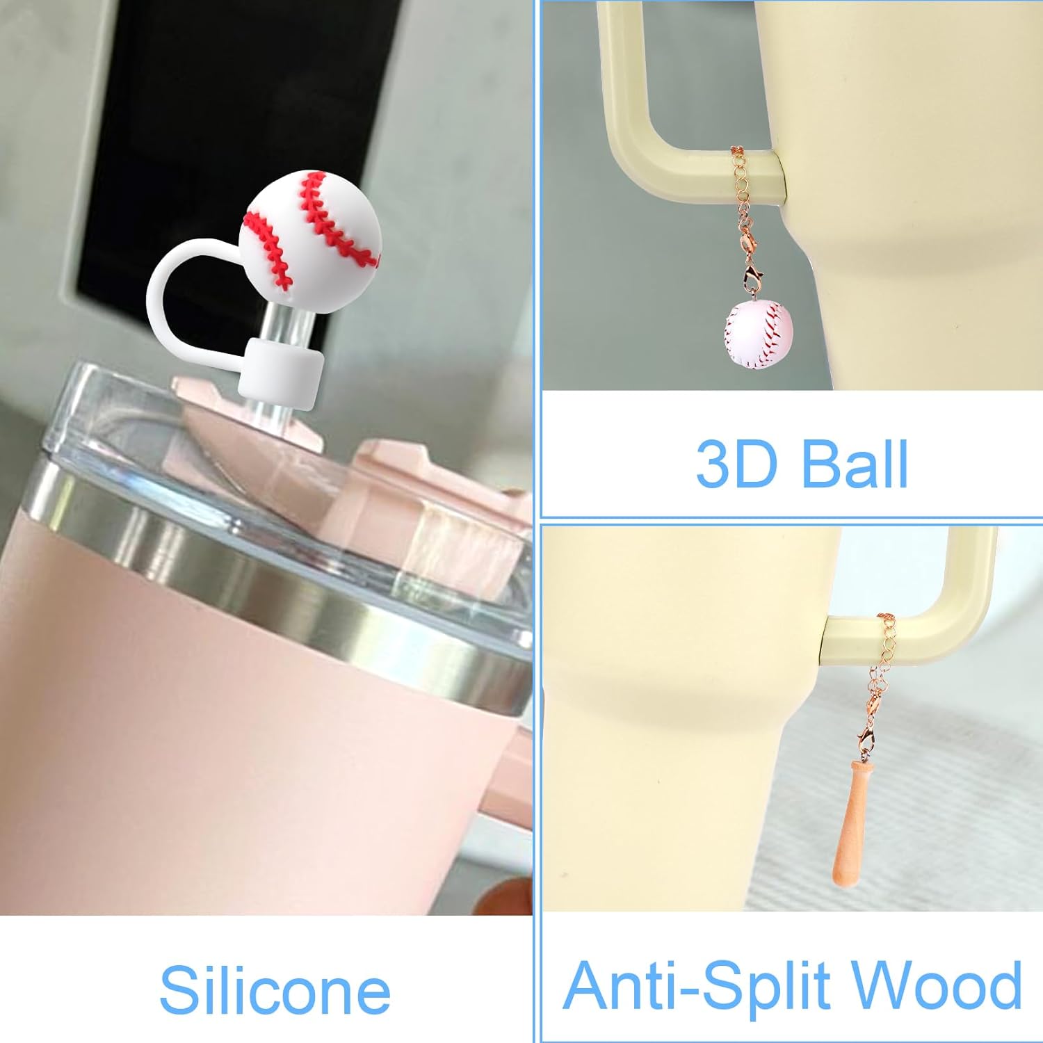 Mity rain Cup accessories for Stanley Decorations, Designed for Stanley Baseball Mom Accessories, 3PCS Straw Topper Cover Cap with 2PCS 3D Baseball Charm for Stanley Cup 14 20 30 40 Oz Tumblers - Image 7