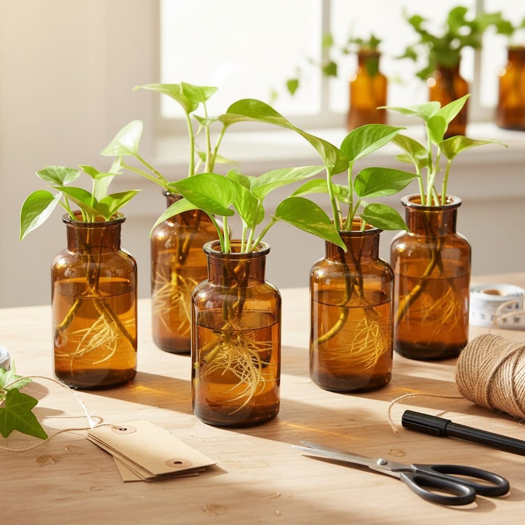TOPZEA Set of 16 Amber Glass Bud Vases, 8.5 oz Small Brown Bud Vase Bulk Boho Glass Vase Decorative Medicine Bottle Vintage Apothecary Jar for Flower, Wedding Reception, Table Centerpieces, Home Decor