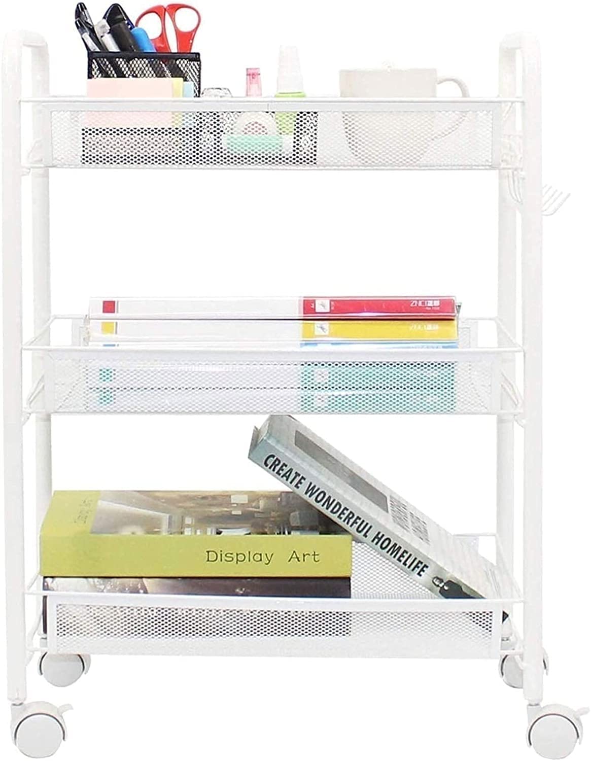 HISMART Rolling Storage Cart,3 Tier Utility Cart Mobile Slide Out Organizer, Bathroom Standing Rack Shelving Unit Organizer for Kitchen, Bathroom, Laundry Room (White)