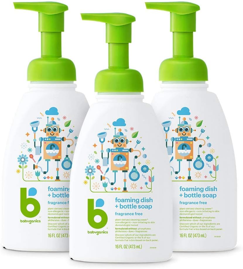 Babyganics Foaming Dish & Bottle Soap, Pump Bottle, Fragrance Free, Plant-Derived Cleaning Power, Removes Dried Milk, 16 Fl Oz, (Pack of 3), Packaging May Vary Fragrance Free 16 Ounce (Pack of 3)