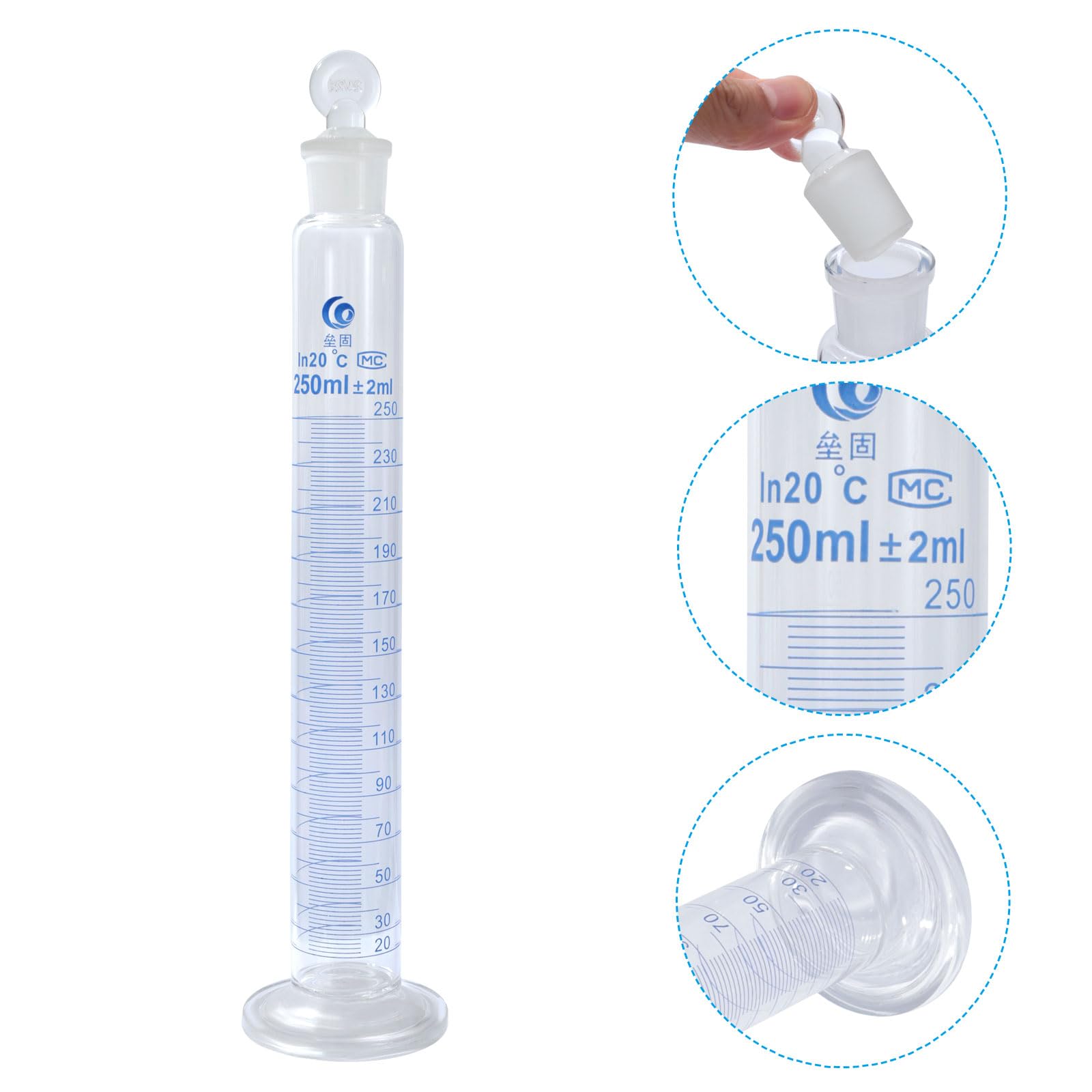 PATIKIL Cilindro graduato in vetro borosilicato 3.3 da 250 ml con tappo, ad alta trasparenza, base esagonale blu, cilindro graduato graduato per uso domestico in laboratorio, trasparente