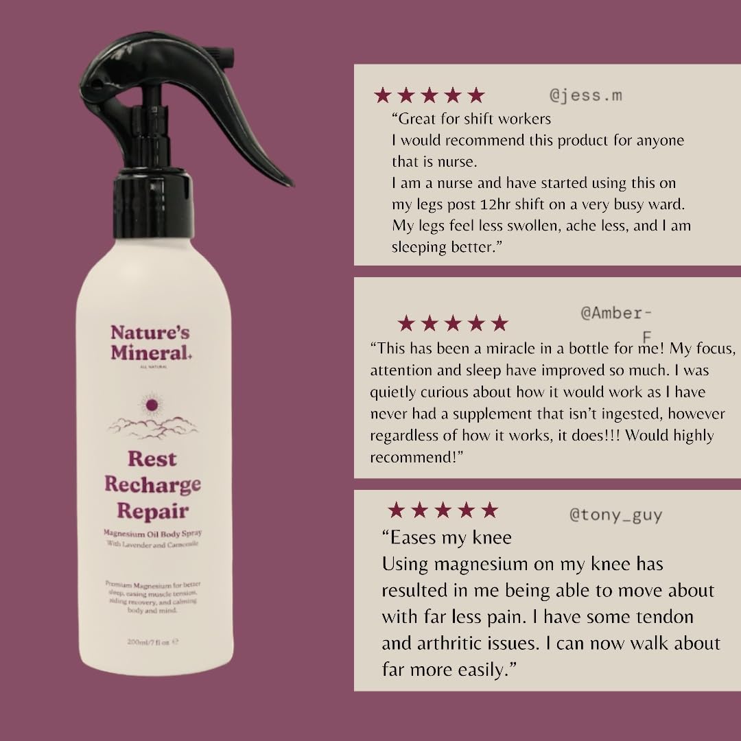 Rest Recharge Repair Magnesium Spray - Magnesium Supplements, Muscle Recovery & Stress Relief Supplement - Soothing Lavender & Chamomile Blend in Oil Spray Bottle Large 200ml 1,200 Sprays 7 61MF2JFPAfL. AC SL1080