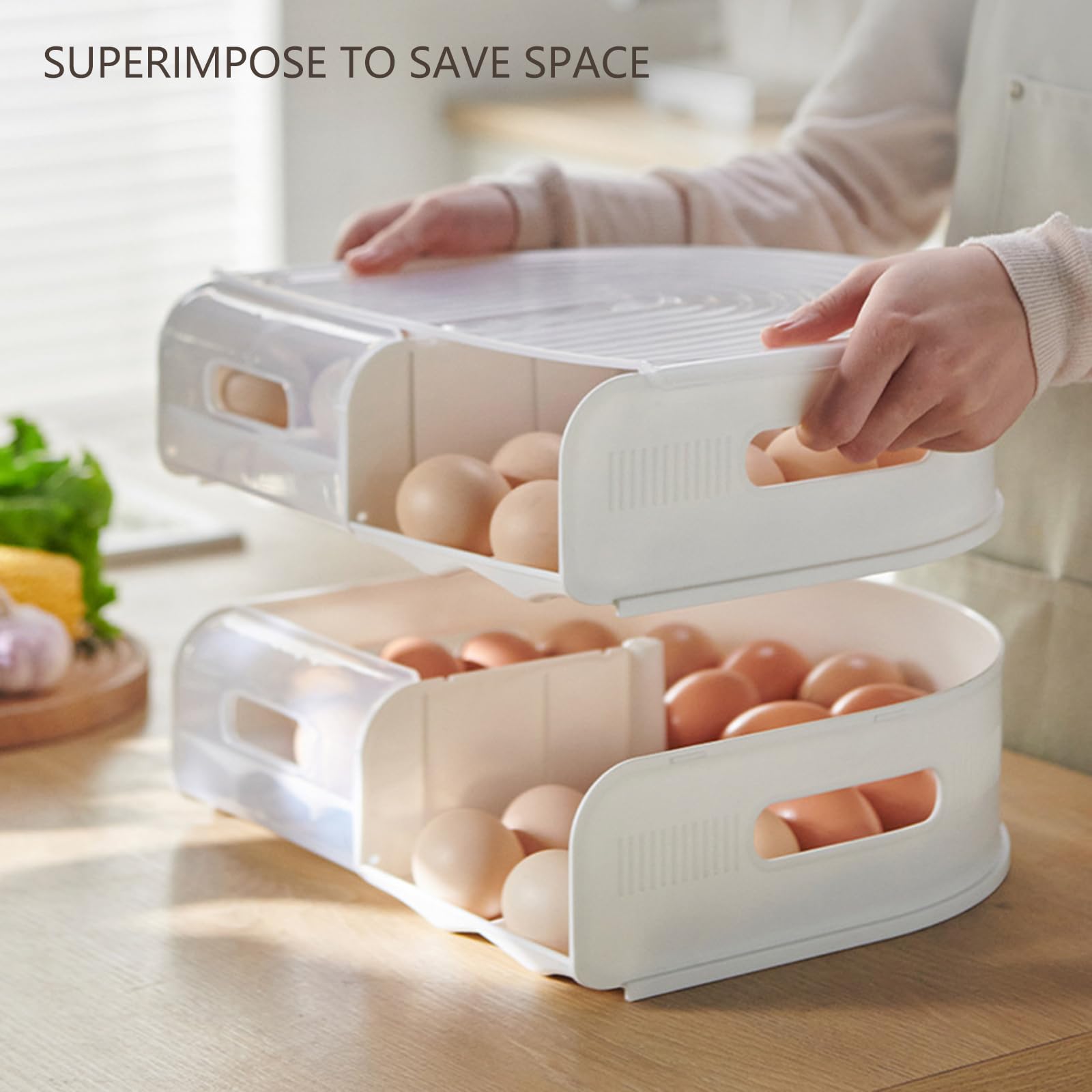 Organizadores de huevos de polipropileno transparente con sistemas rodantes, diseño en forma de U de 2 capas, solución para ahorrar espacio, contenedor transparente para huevos