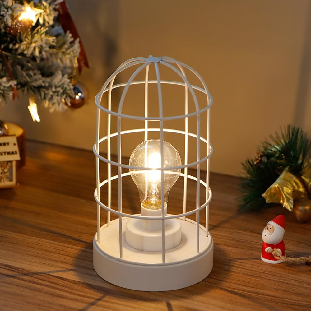 JHY DESIGN Battery Operated Lantern 25cm H Decorative Table Lamp Metal Cage Cordless Light with LED Bulb for Home Decor Living Room Bedroom Kitchen Wedding Patio (White)