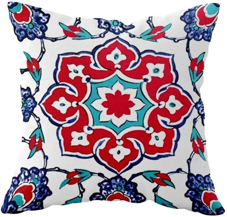 Pelangi Mavi Çini Çift Taraflı Gizli Fermuarlı Yastık Kılıfı Kırlent Koltuk Yastık Kılıfı, Bordo-Beyaz-Mavi 43 x 43