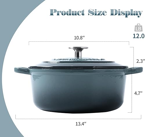 Vista 52 de Olla de horno holandés de hierro fundido esmaltado con tapa para cocinar, hornear pan, horno de pan, 5.5 cuartos de galón, azul lago