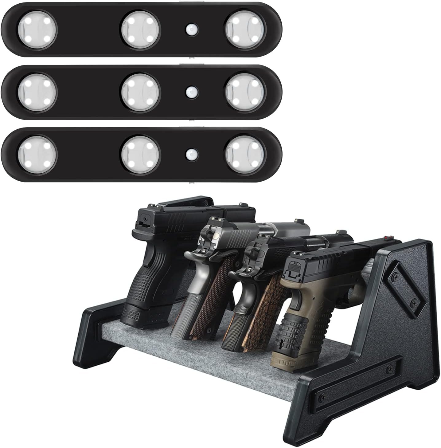 MIND&ACTION Deluxe Pistol Rack (4 Gun Holders) with Motion Sensitive LED Light (3 Pack) for Gun Safe