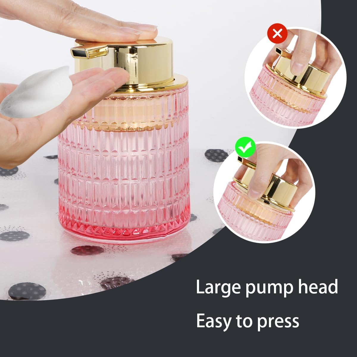 2pcs Foaming Soap Dispenser, Pink Glass Foam Soap Dispenser for Bathroom and Kitchen, 10 Oz Refillable Foaming Pump Bottle with Large Pump, Ribbed Bottle Container Decor