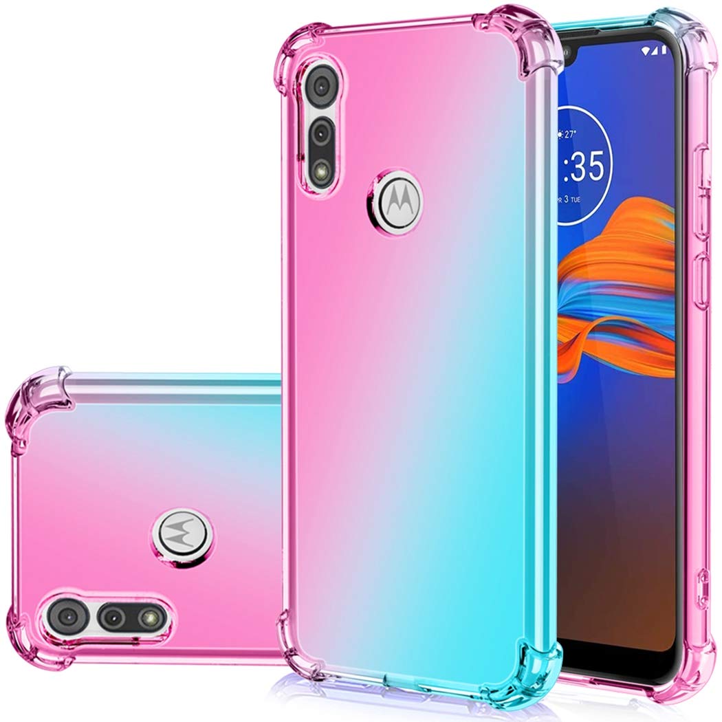 Jhxtech Motorola Moto E6 Plus Case (6.1"), Clear Cute Gradient Phone Case Slim Anti Scratch Flexible TPU Cover Shockproof Protective Case for Motorola Moto E6 Plus (Pink/Green)