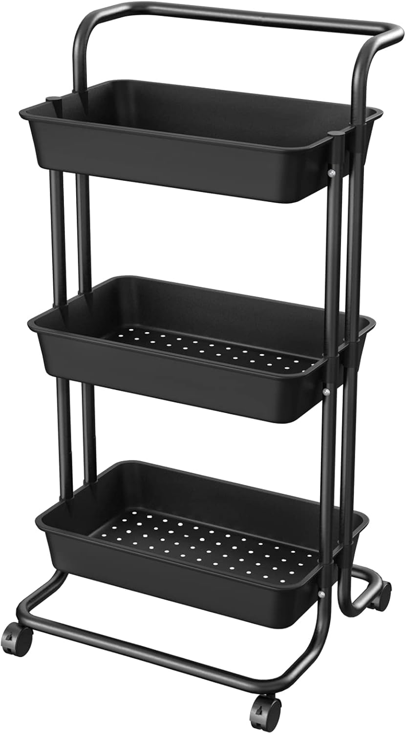 Mckuk 3-Tier Rolling Utility Cart with Wheels, Multi-Function Storage Cart with Lockable Wheels and Mesh Basket, Perfect for Use in Your Kitchen, Bathroom or Living Room or Balcony,Black : Office Products