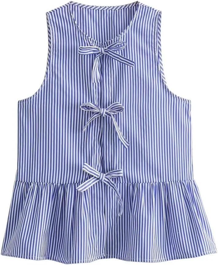 Women's Round Neck Sleeveless Striped Lace-Up Vest