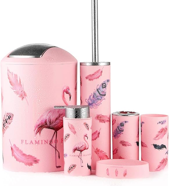 JOTOM Modern Design 6 Piece Plastic Bathroom Accessory Set Luxury Bath Accessories Bath Set Lotion Bottles,Toothbrush Holder,Tooth Mug,Soap Dish,Toilet Brush,Rubbish (Flamingo)