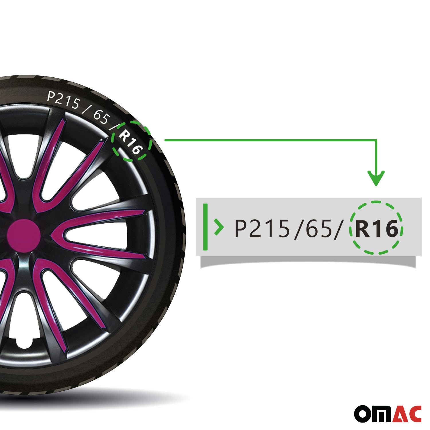OMAC Lot de 4 enjoliveurs 16" compatibles avec voiture ABS | Enjoliveurs pour jantes en acier | 1 jeu (4 pièces) noir/violet avant et arrière