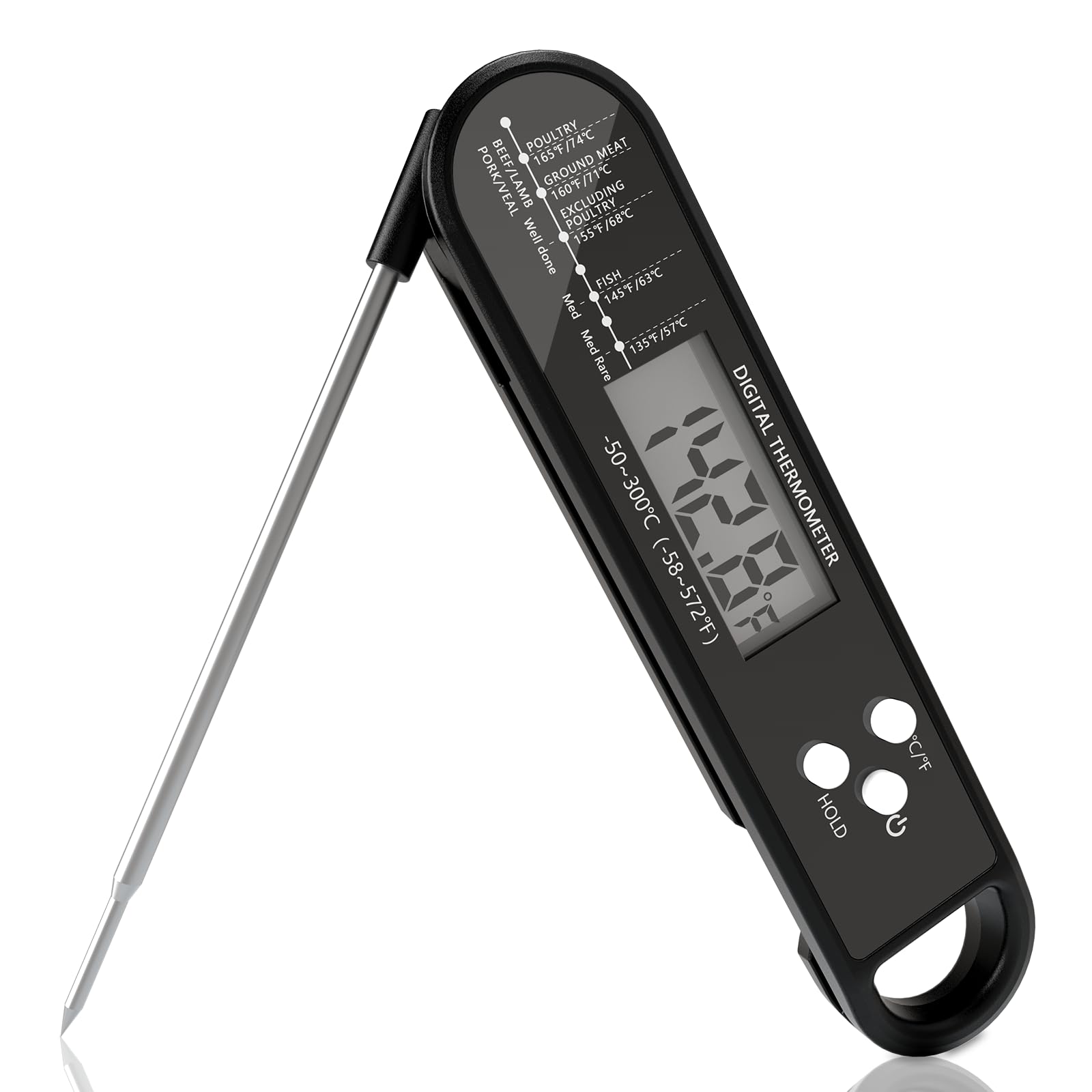 MEGAROOM Digital Meat Thermometer Instant Read - 2s Fast Food Probe for Kitchen Cooking, BBQ & Sunday Roast - Waterproof Temperature Gauge with Strong Magnet & Backlight (Black)