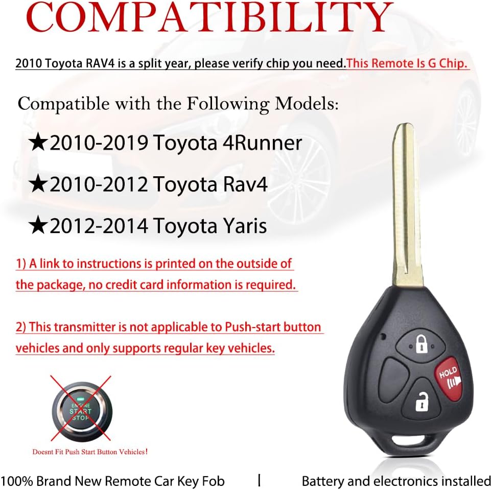 MechanMagic Key Fob Remote Replacement Fits for 2010 2011 2012 2013 2014 2015 2016 2017 2018 2019 Toyota 4Runner /Rav4/Yaris HYQ12BBY HYQ12BDC Keyless Entry Remote Control G Chip (Pack of 2)