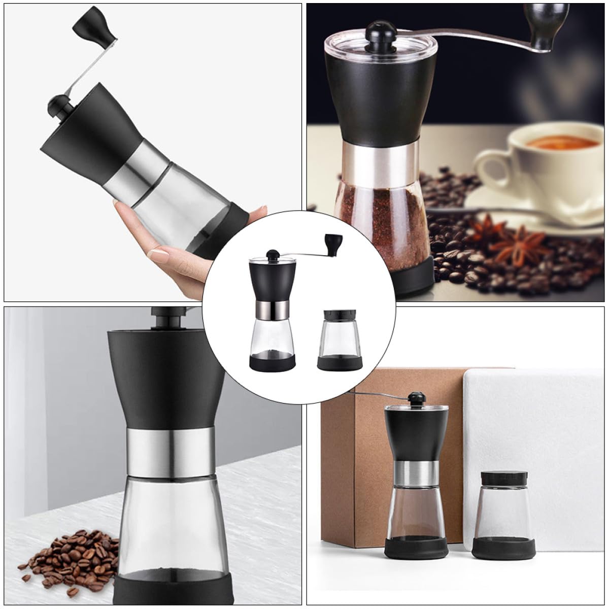 DOITOOL Molino de Café Manual Recipiente de Vidrio y Muelas de Cerámica, Acero Inoxidable, Silencioso y Fácil de Desmontar para Granos en Cocina o Viaje