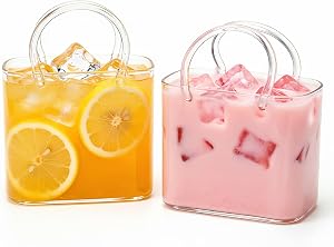 UgyDuky 2 Pack Handbag Shaped Glass Cup, Clear Cute Tumbler with Handle & Straw Unique Drinking Glass Cups for Iced Coffee Juice Cocktail Summer Drinks Creative Gift