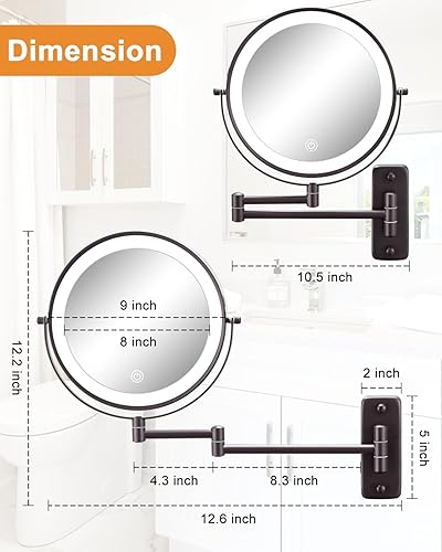 Miniatura 6 de DECLUTTR Espejo de maquillaje iluminado montado en la pared de 9 pulgadas, espejo de aumento de doble cara 1x10x, espejo de maquillaje iluminado de