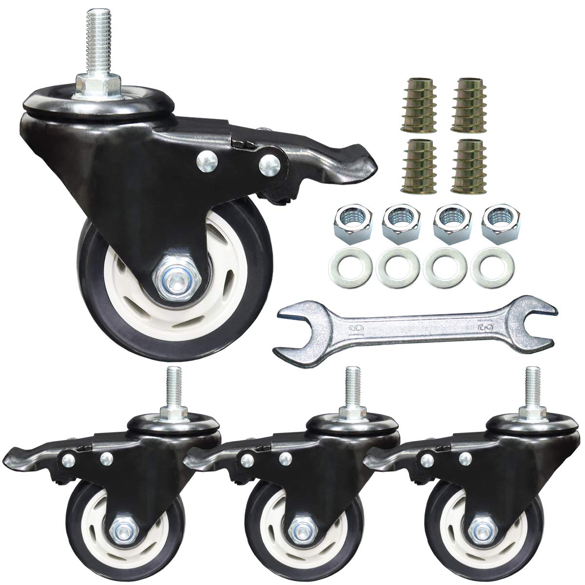 DICASAL 3 Inch Stem Casters Swivel Stem Mount Industrial Castors with Imperial Size Thread 3/8"-16x1 Safety Dual Locking Wheels PU Foam No Noise Wheel for Workbench Furniture DIY Carts