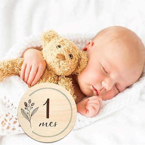 Miniatura 5 de Tarjetas españolas de hitos mensuales - Tarjetas de hitos mensuales para bebés, discos de madera de 1 a 12 meses de niño y niña recién nacido, 7