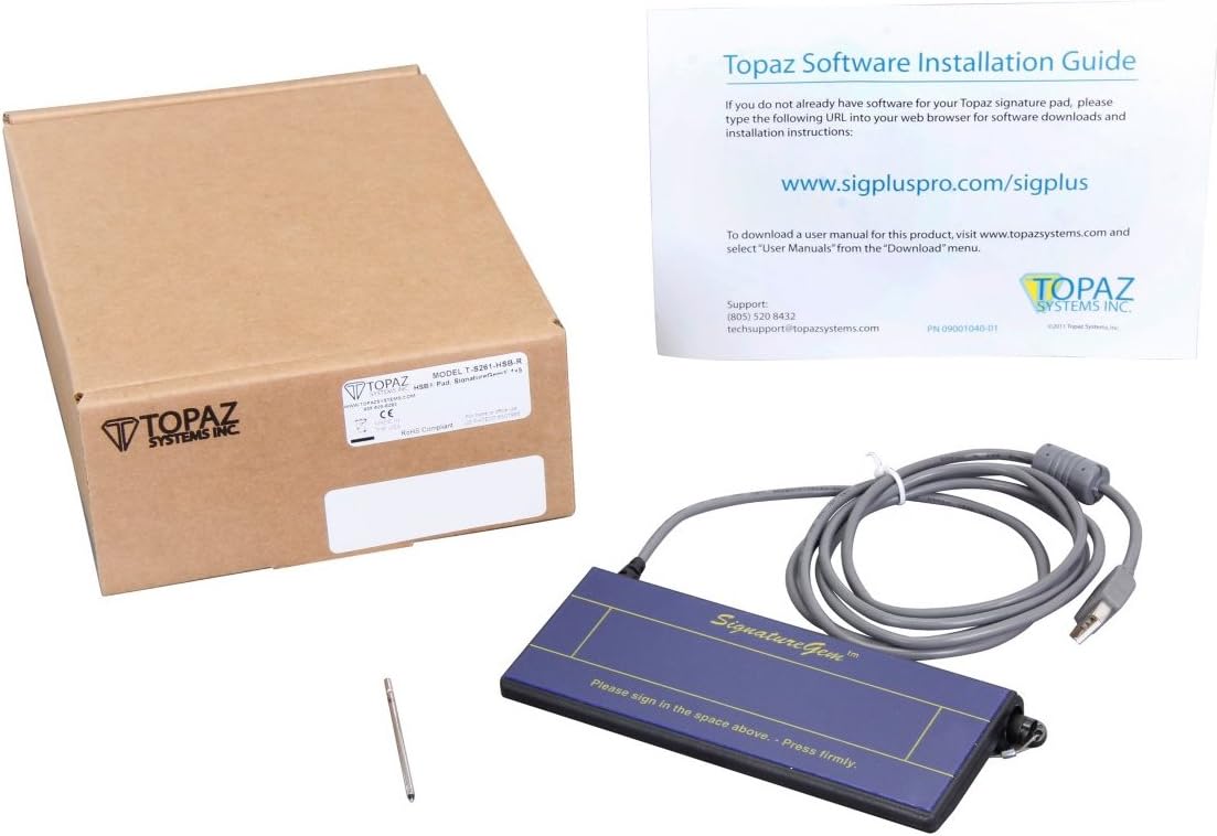 Topaz SignatureGem 1x5 pad, box, and software installation guide