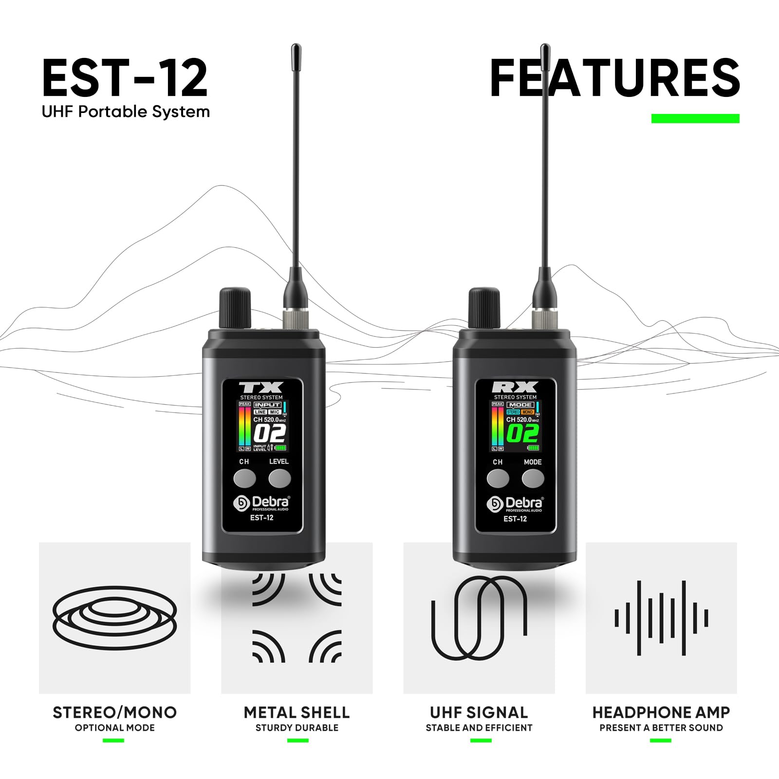 Debra EST-12 Pro UHF Wireless Monitor Black 20 Channels - Dettaglio