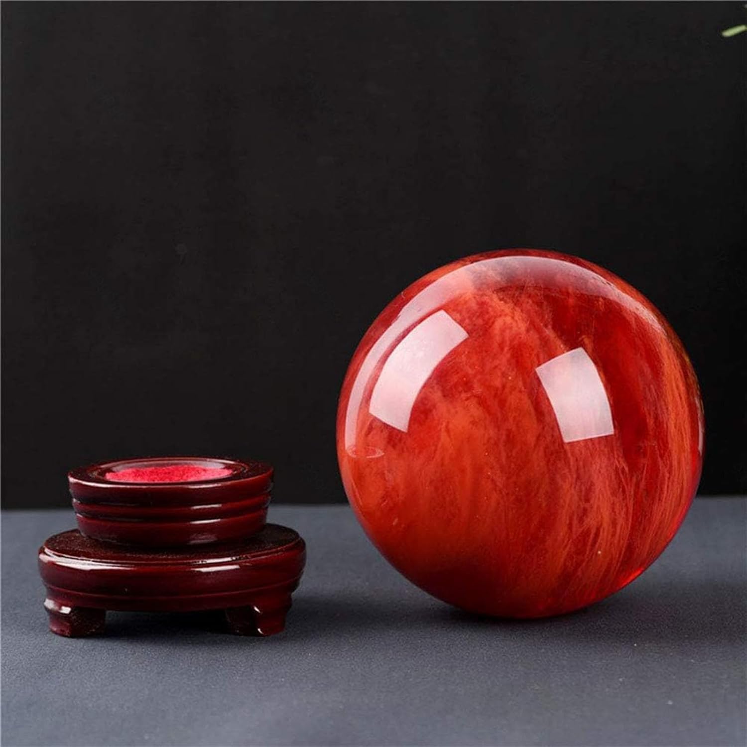 Red Crystal Ball,Polished Divination Ball Decorative Sphere with Wood Stand Crystals Ball Stone for, Witchcraft Halloween,Home Decorations,130mm