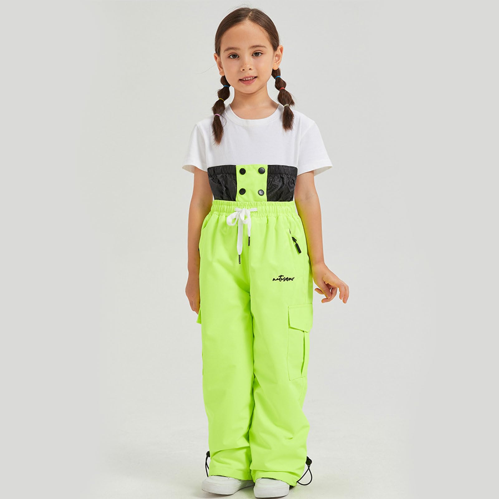 Traje de nieve infantil de 2 piezas, chaqueta de esquí + pantalones de esquí, impermeable, cortavientos, transpirable, con capucha, para niños y niñas, traje de esquí de invierno, verde neón
