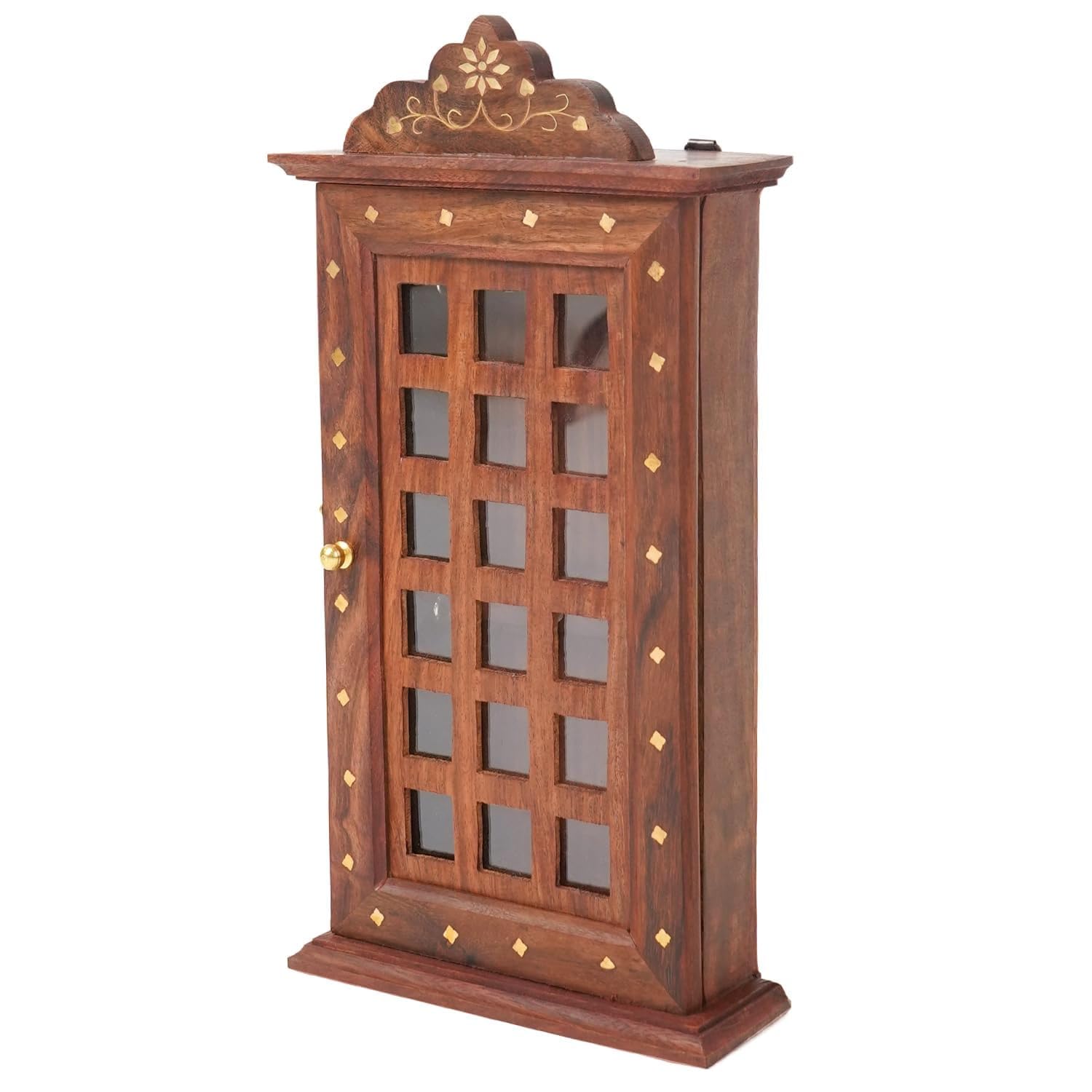 Wooden Key Holder Cabinet Wall Mount & Table Top | Brass Inlay Design, Glass Panel Door, 16.5 x 31.7 cm-image-4