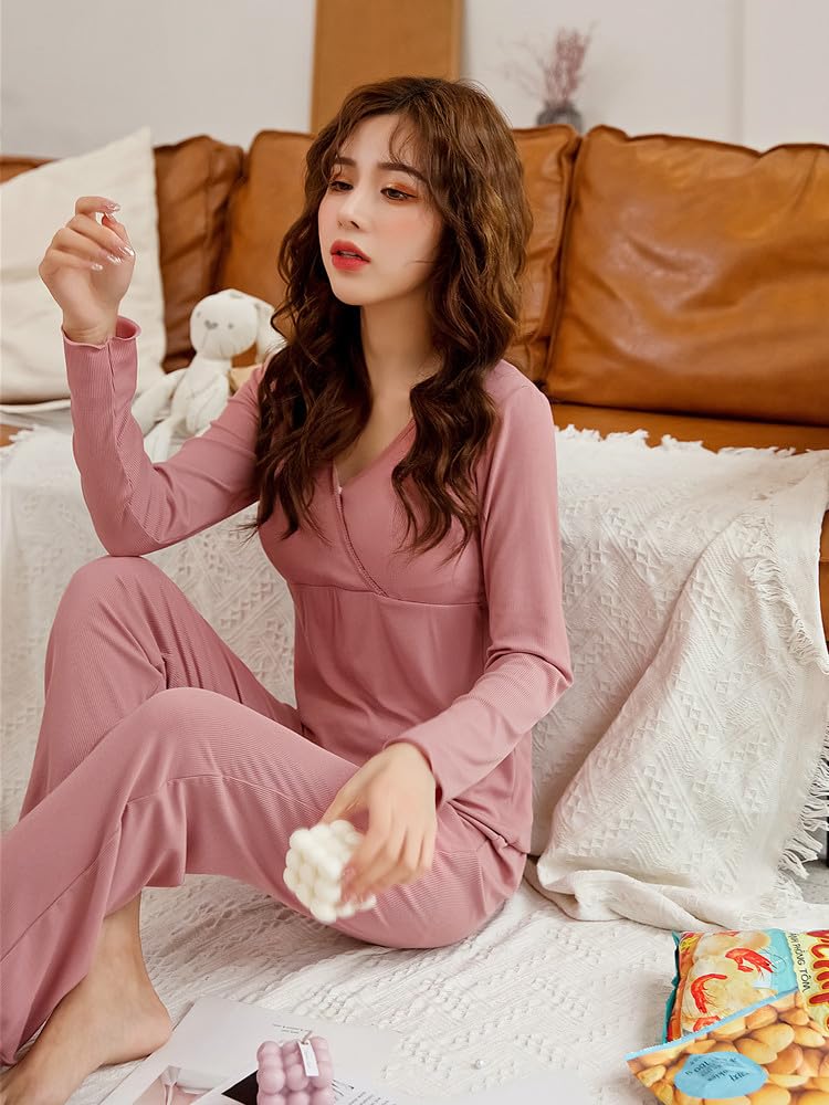 Pigiama Premaman Allattamento Set Profondo Scollo a v Manica Lunga Caldo Morbido Pigiameria Allattamento Loungewear Pjs Incinta,C,M