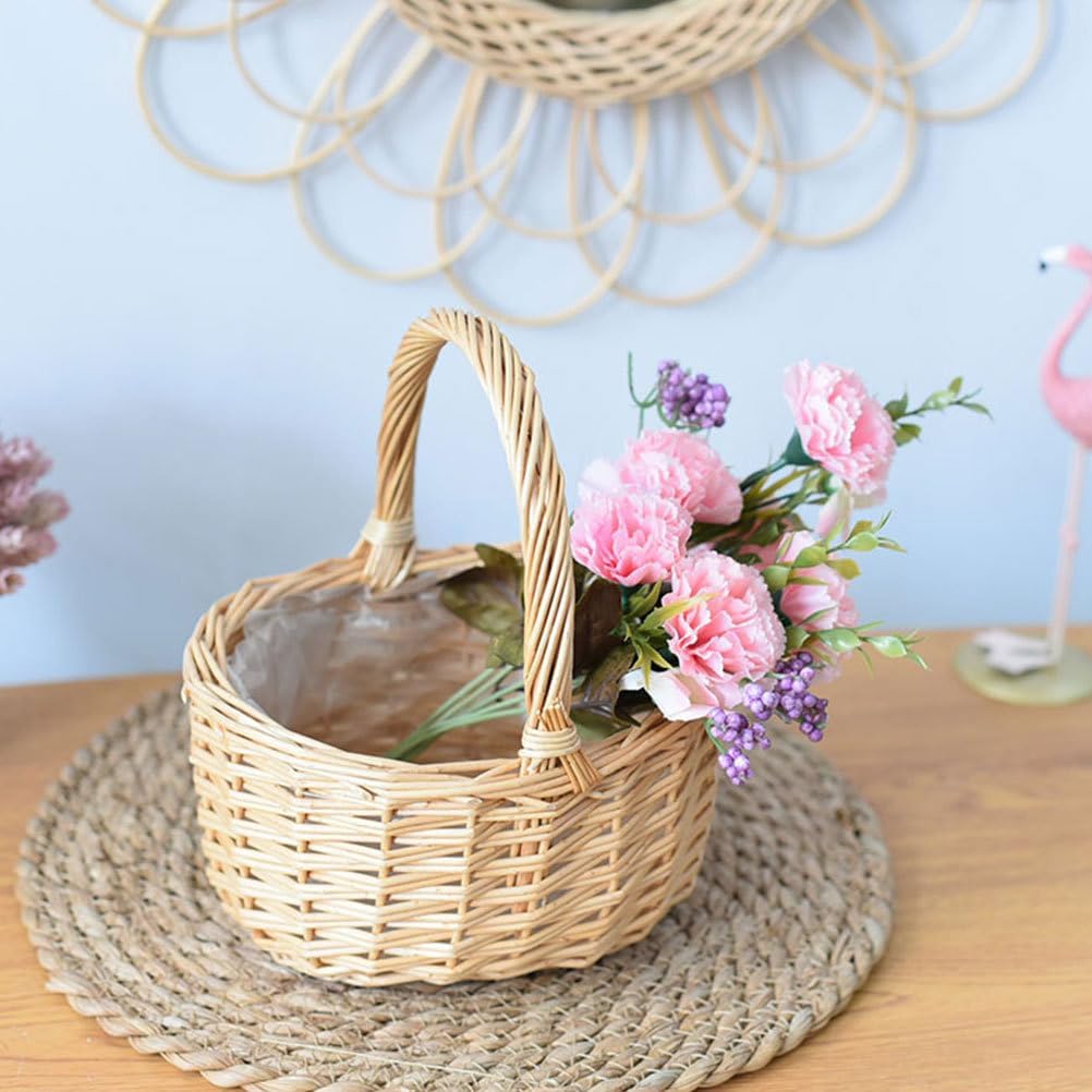 Flower Girl Baskets Egg Rattan Basket Easter Woven Flower Basket with Handles Picnic Wicker Baskets Round Serving Wedding Wicker Fruits Party Favors Multi-Purpose