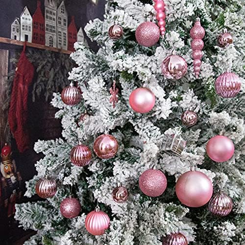 LAWOHO 58 ct Christmas Ball Ornaments Pink Shatterproof Plastic Sparkling Hanging Decorations for Xmas Tree, Suitable for Christmas Holiday Wedding and Party