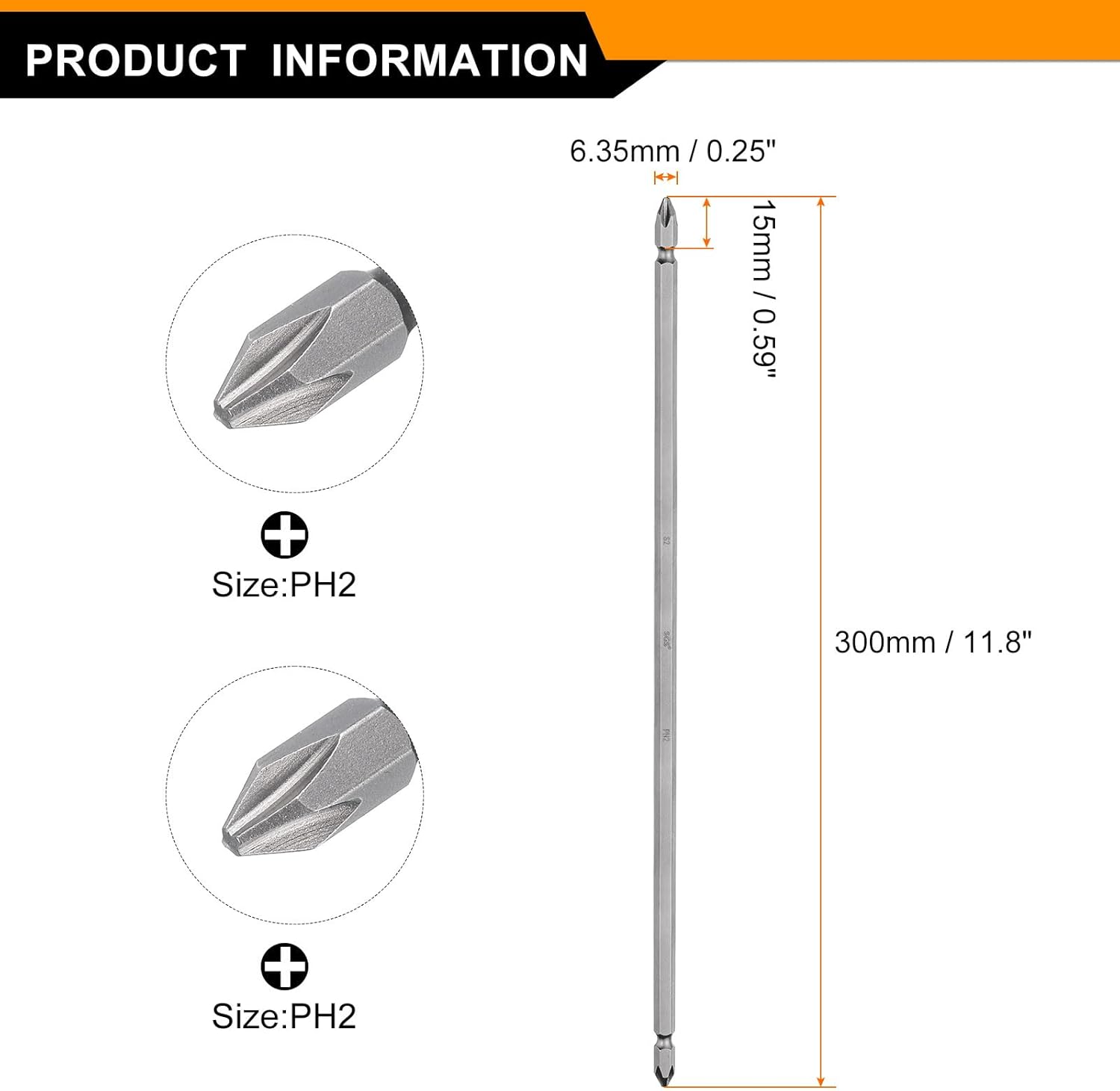 HARFINGTON 2pcs Magnetic Double Ended Screwdriver Bit 6.35mm PH2 11.8" Length 1/4" Hex Shank S2 Steel Two Sided Phillips Cross Screw Driver Bit