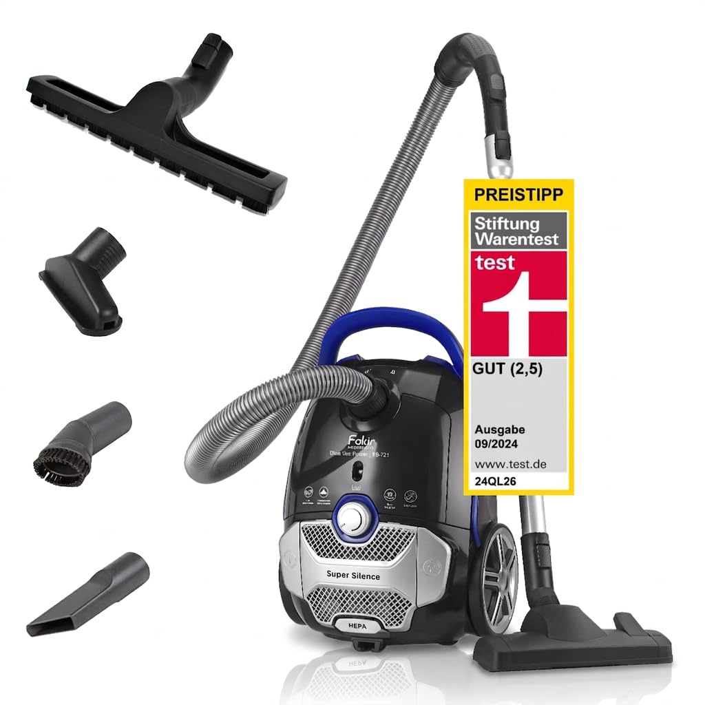 Fakir Blue Vac Power TS 721 - Aspirapolvere con sacchetto, 800 W, con cavo, filtro HEPA H14, motore ad alta efficienza da 69 dB(A), grande sacchetto da 3 l e raggio d'azione di 12 m, colore: Nero/Blu